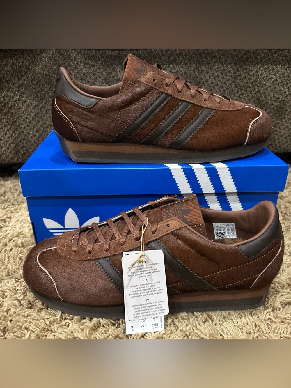 Adidas Country Japan Leather Sneakers JR5746 Brown Cow Hair Men's Size 9